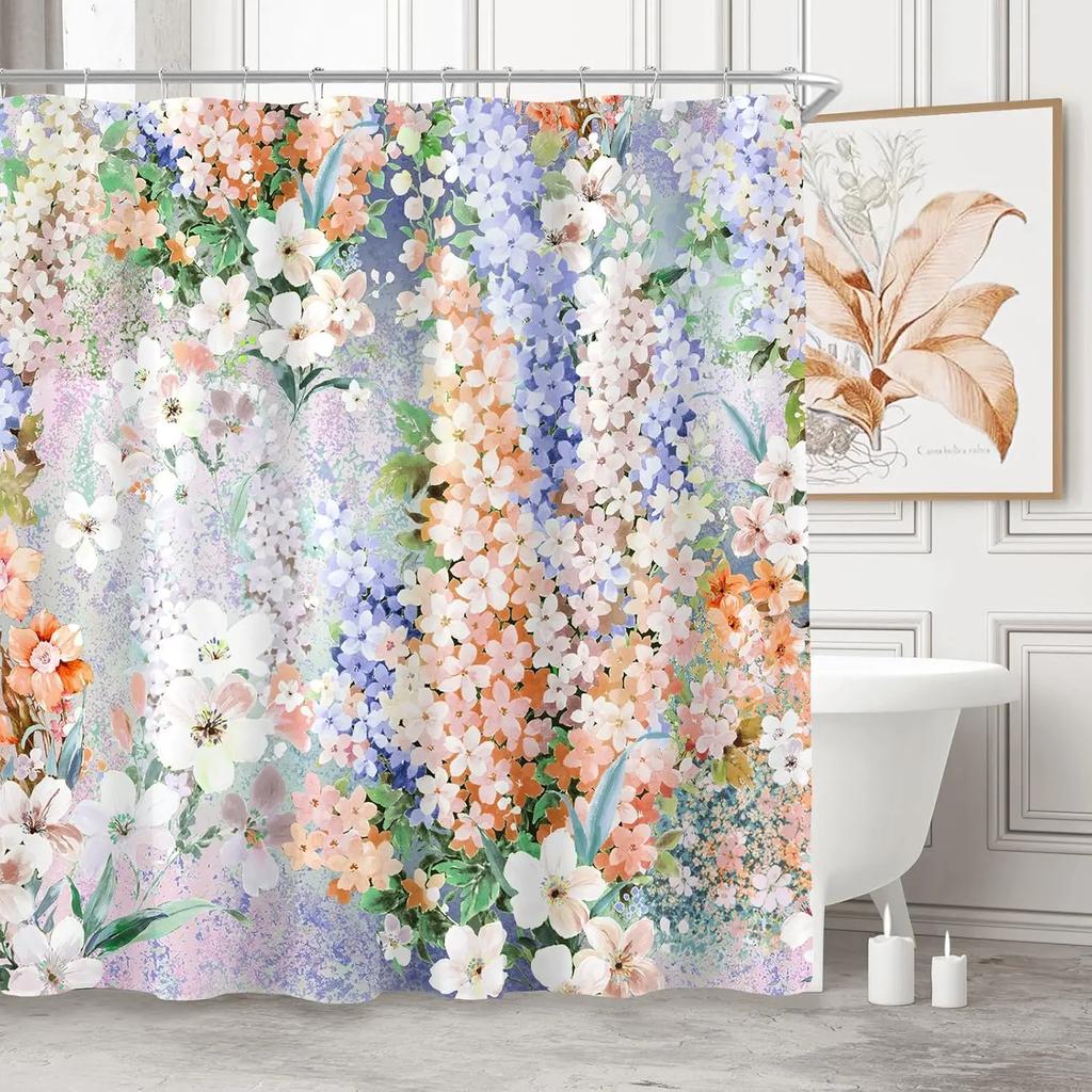 Purple Cute Floral Shower Curtain Color Pink Flower Fabric Bathroom Shower Curtain, Watercolor Cloth Shower Curtain
