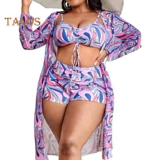 

3 шт./компл. женский сексуальный комплект бикини с принтом, бюстгальтер на слинге с высокой талией, плавки, солнцезащитный крем, кардиган, быстросохнущий купальник, пляжная одежда 4XL фиолетовый
