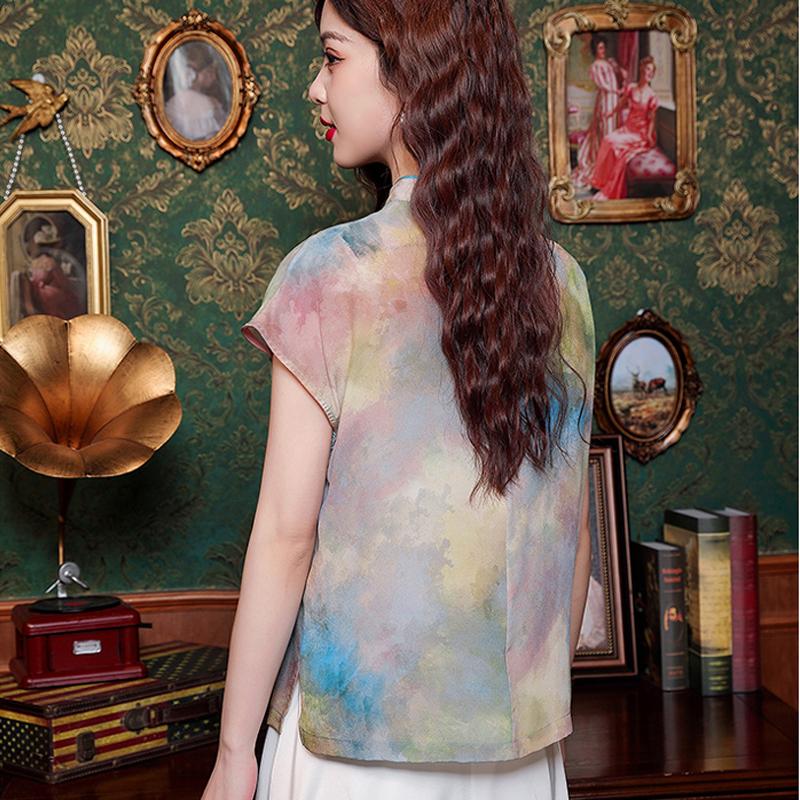 Fashion New Chinese Style Summer Short Sleeve Stand Collar Print Chiffon Blouse Shirt Women Tops J401