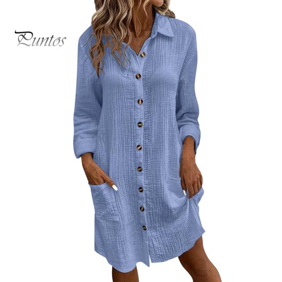 Fall Spring Women Dress Turn-down Collar Loose Long Sleeves Single-breasted Solid Color Shirt Type OL Commuting Midi Dress