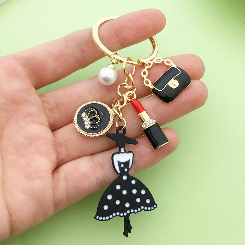 Pretty Rose Red Bag Lips Flamingos Lipstick Enamel Keychain Lovely Heart Animals Key Ring For Women Girls Handmade Jewelry Set