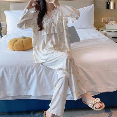 Women's Lace Trim Cotton Silk Pajamas Set - Cute, Thin, Anti-Pimple, Long Sleeve & Pants, Perfect for Spring/Summer.