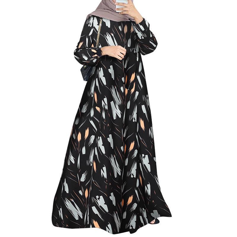 Spot Cross-Border New Printed Middle Eastern Muslim Malay Long Sleeve Round Neck Dress