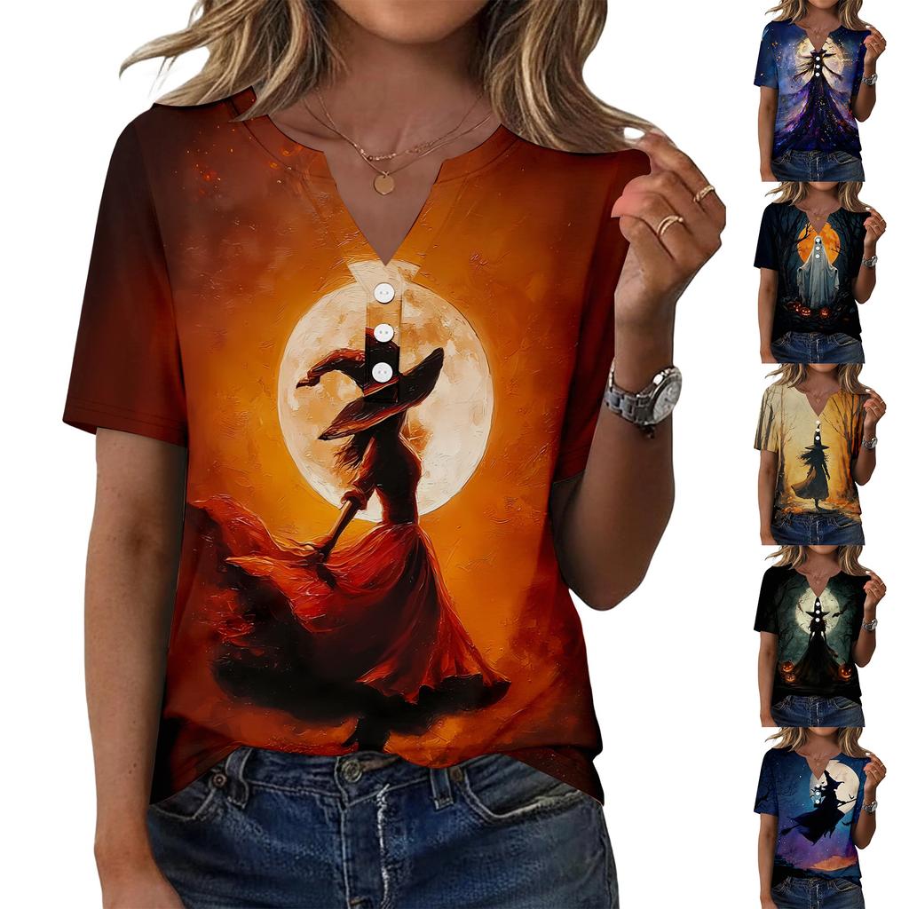 Womens Casual V Neck Short Sleeve Button T Shirt Halloween Pumpkin Witch Print Top Lightweight Comfortable Fit