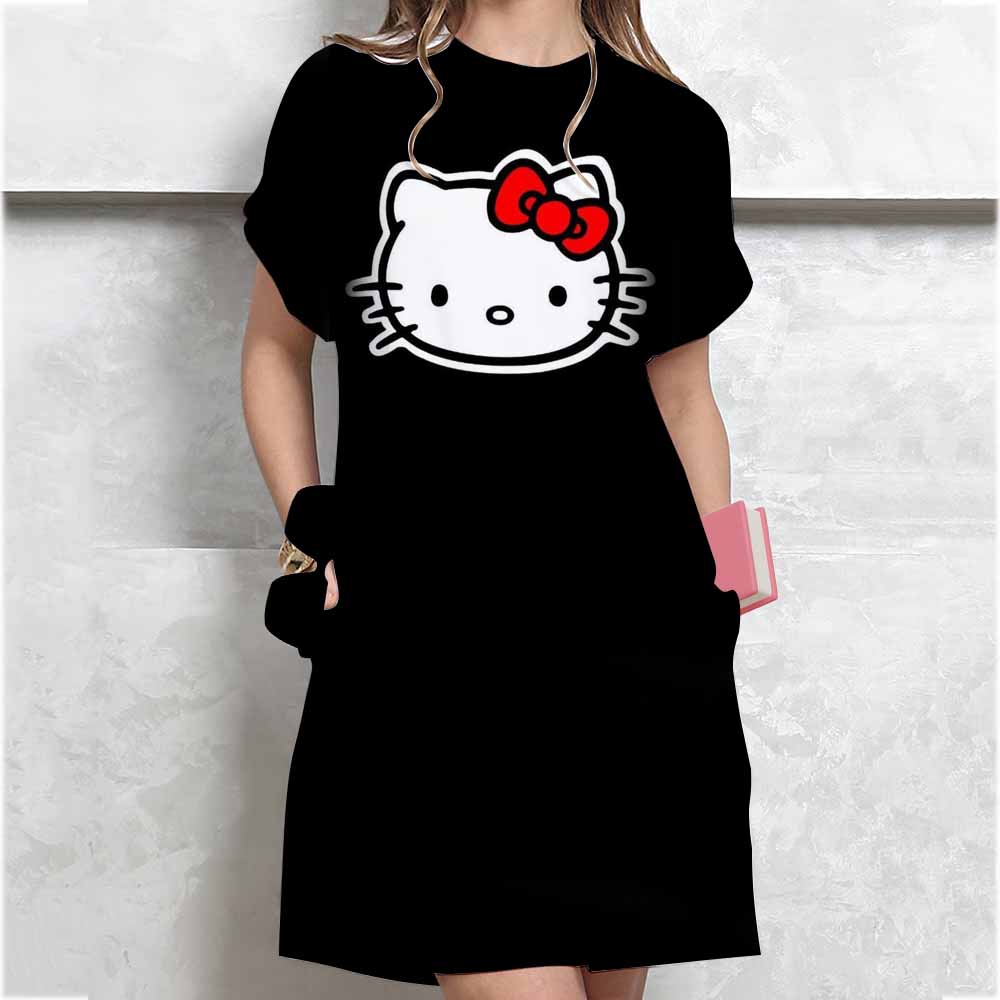 Women's Long Tshirt Dress Summer Fashion Girl Hello Kitty Print Oversized Casual Round Neck Short Sleeved Mini T-shirt Dress
