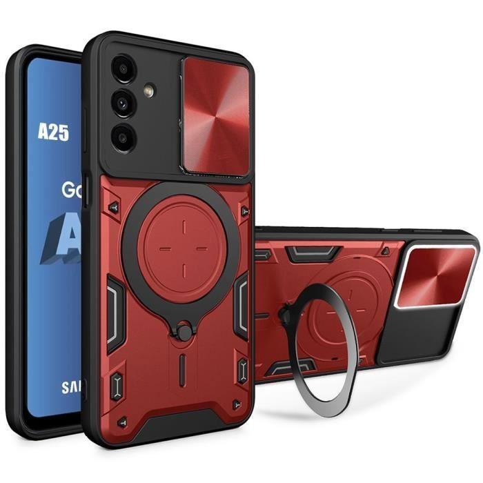 Coque de protection - BOOLING - pour Samsung Galaxy A25 5G - Rouge - Armure Hybride - Antichoc avec Support Rotatif