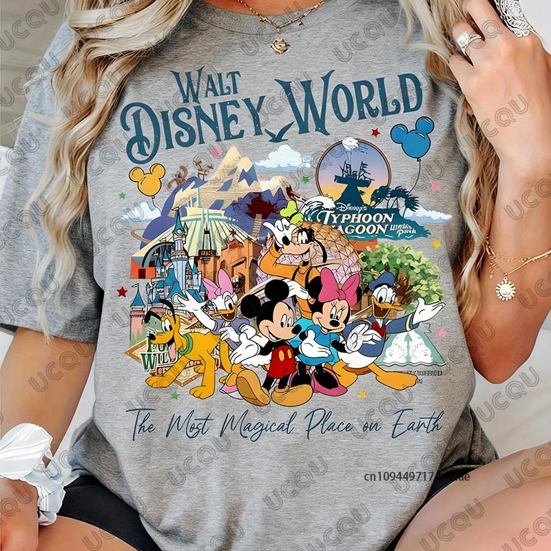 The Disney Mickey Family Graphics Print Tshirt For Women Summer New Short Sleeve Cotton Tees Casual Streetwear Couple Tops