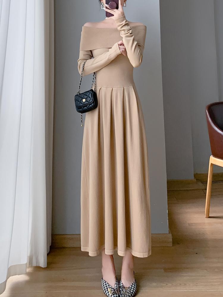 Sexy Off Shoulder One Piece Dress Women's New Solid Elegant Slim Knitted Long Dresses Korea Chic Designer Casual Party Clothing