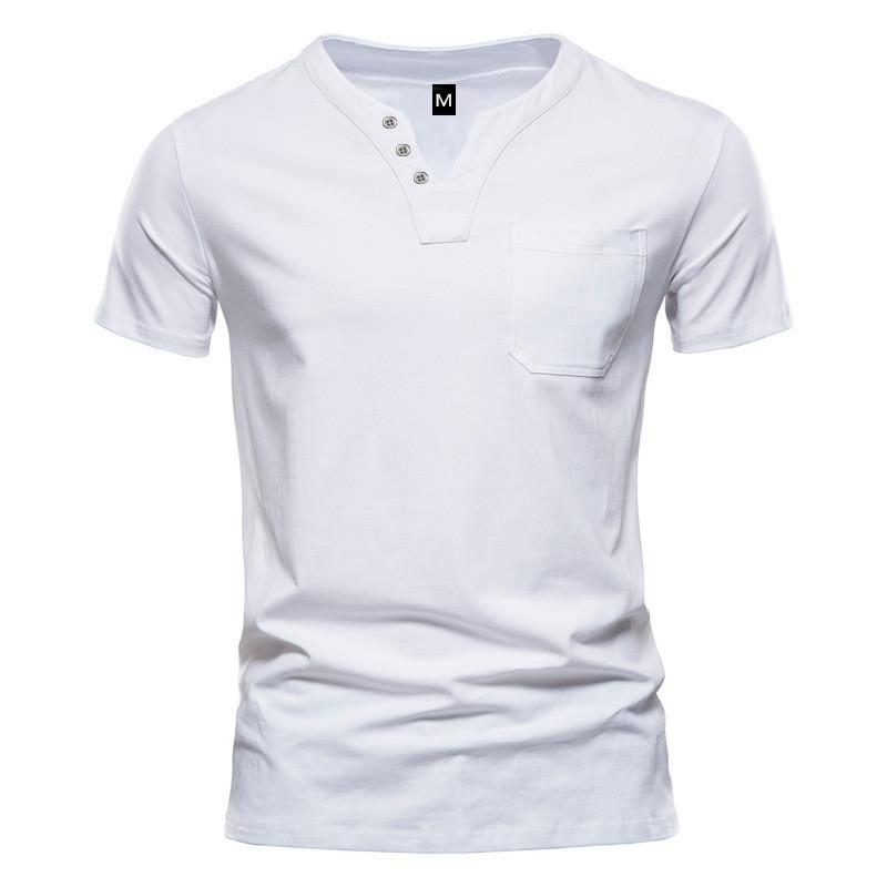 Men's V-neck Short-sleeved T-shirt Youth Casual Slim Sports Henley Solid Color Top