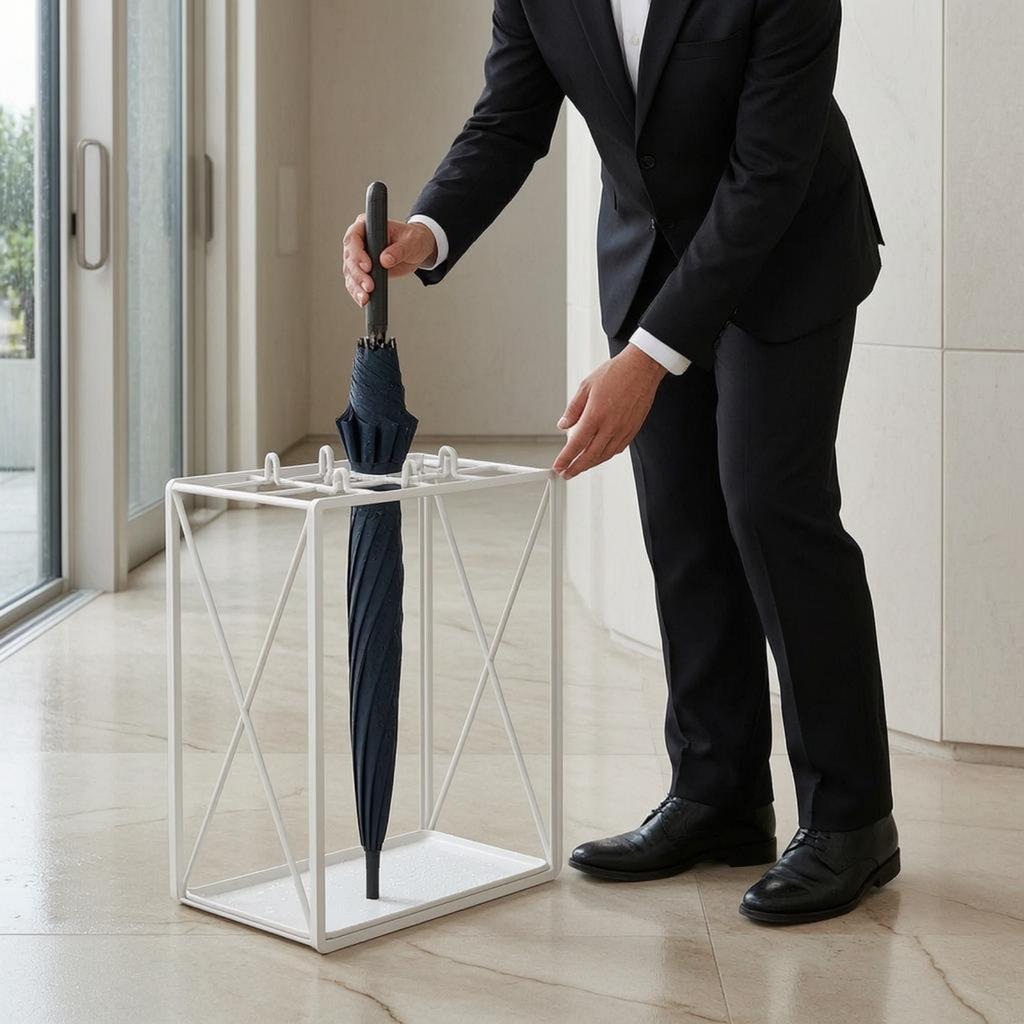 Metal Umbrella Stand Exposed Frame Water-Collecting Tray Umbrella Stand Entryway Organizer Rectangular Household Storage