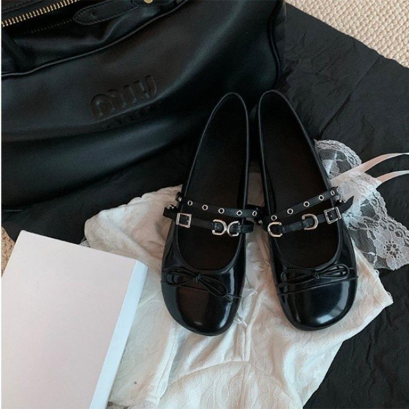 Women's Flat Shoes Fall New Square Head Shallow Mouth Butterfly Knot Rivet Soft Sole Non-slip Low Top Single Shoes