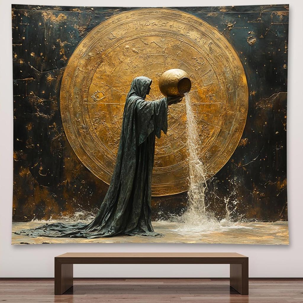 Bronze Angel Statue with Wings and Wheat Wall Art 2D Printing Cloth Spiritual Decor Mythical Figure Home Gallery Tapestry