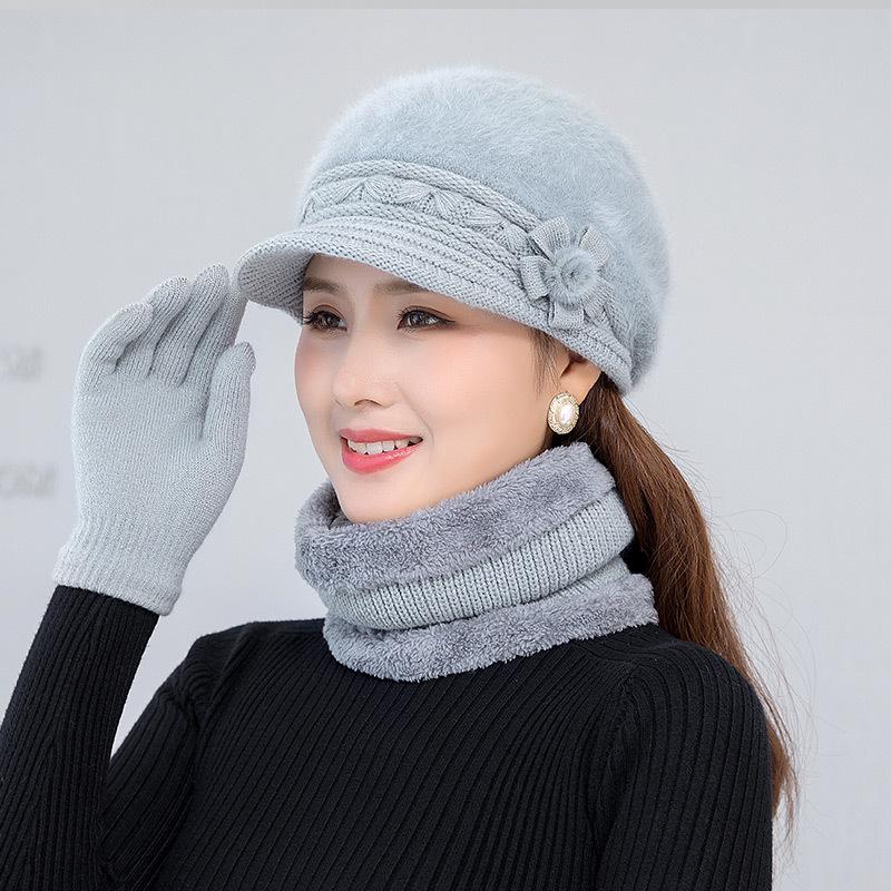 Women's Winter Rabbit Hair Knitted Hat, Snood, and Gloves Set - Fleece-Lined, Cold-Proof, Warm Wool for Middle-Aged and Elderly Moms
