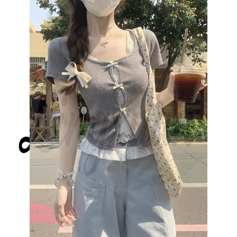 Korean Style Sweet Bow Hollow Square Neck Slim Fit Short Sleeve T-shirt XL серый