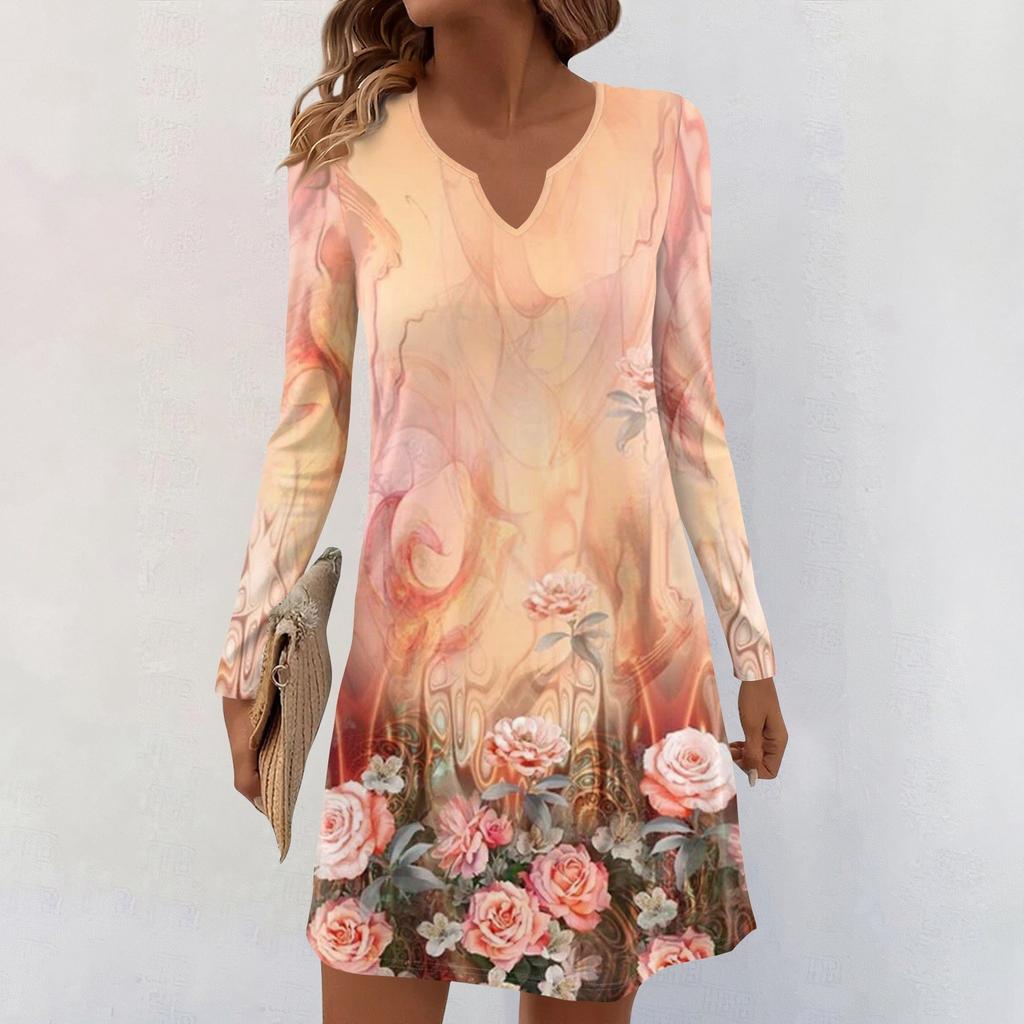 Women's Long-sleeved Casual Midi Dresses V-Neck Print  Casual Dress