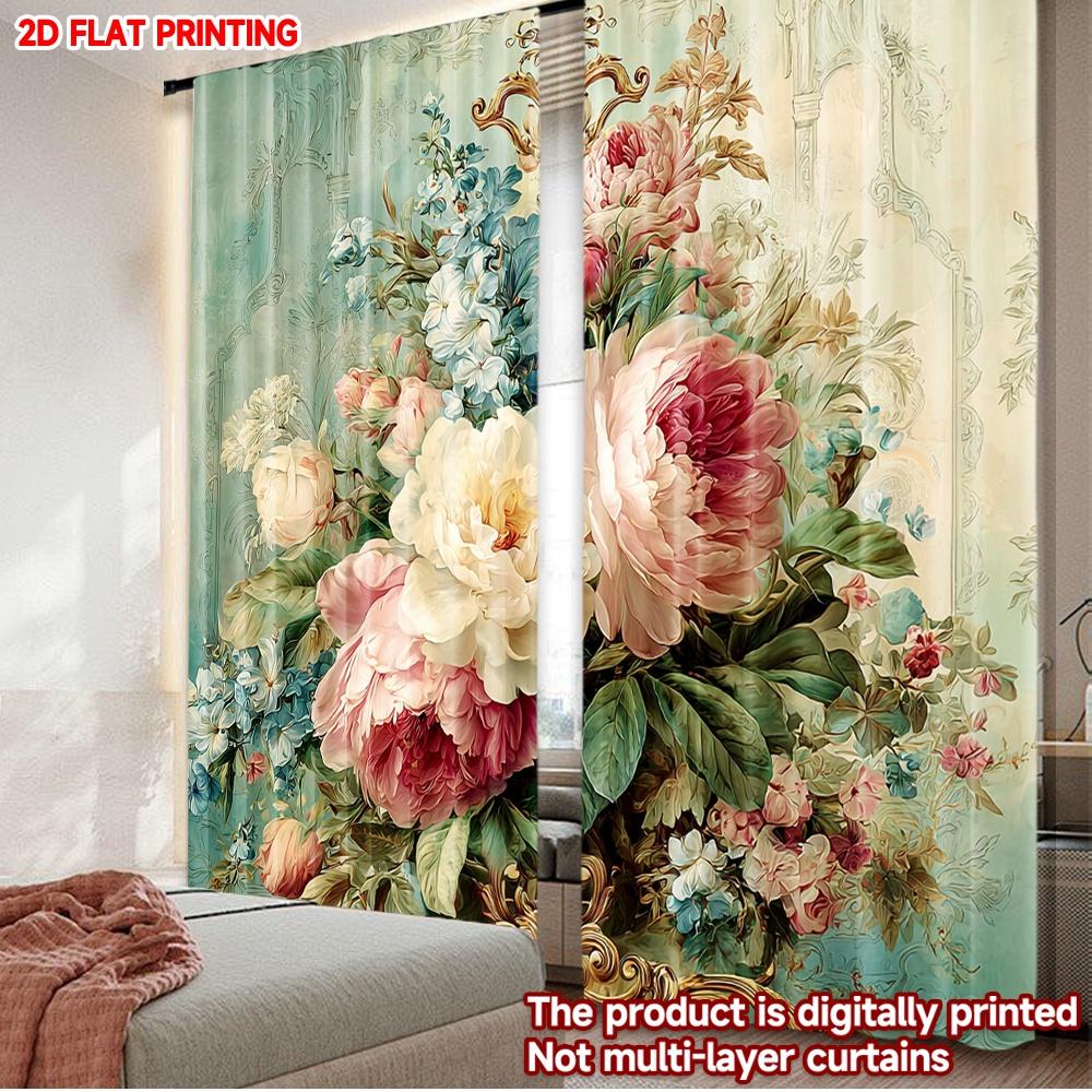 

2pcs Pink White Floral Curtains Large Blossoms with Green Leaves Blue Flowers Light Background for Living Room Bedroom 100*130 Grommet Top 1pcs