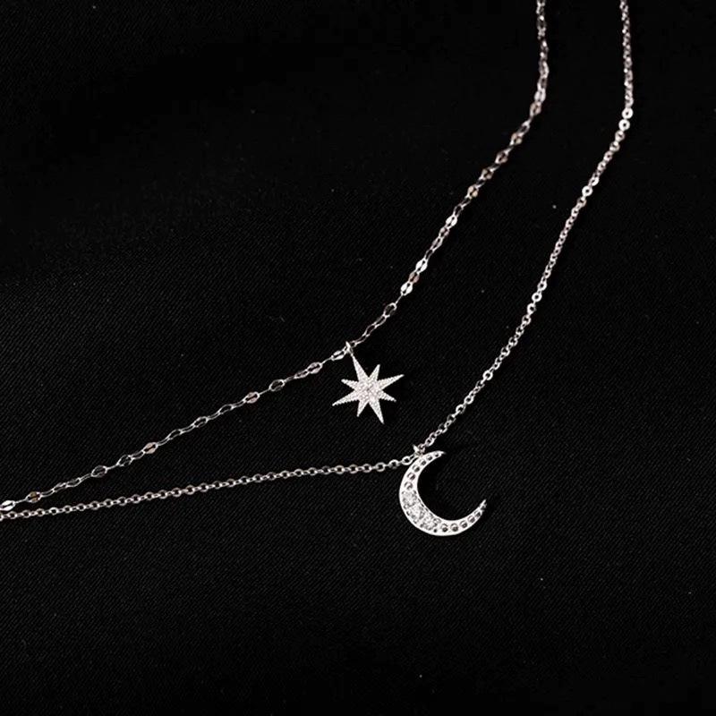 2024 Women s Sterling Silver Star  Moon Double Layer Necklace: Light Luxury, Personalized Summer Clavicle Chain Sterling Silver