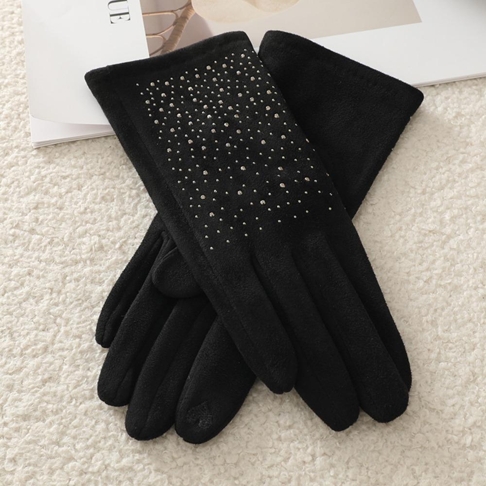 Fashion Elegant Suede Gloves Windproof Elasticity Hot Diamonds Gloves Thickened Warm Touch Screen Gloves Autumn Winter for Women