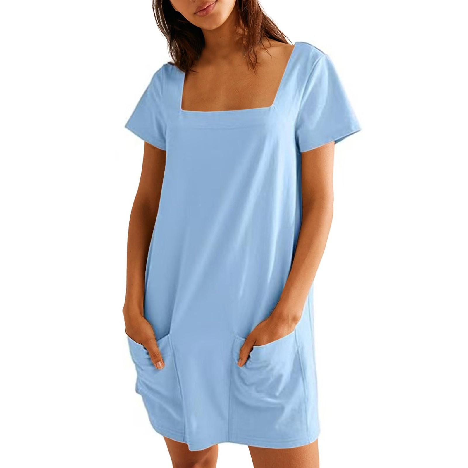 

Женское однотонное повседневное платье с квадратным воротником и короткими рукавами, юбкой и карманом XXL