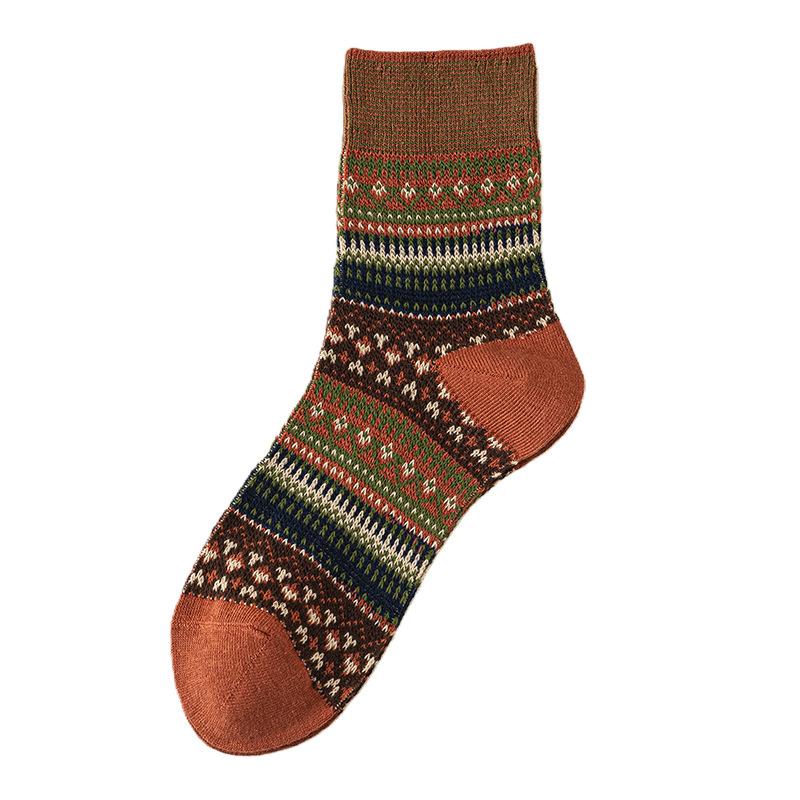 Women's Pair Mid-calf Socks, Retro Ethnic Style Women's Socks, Autumn and Winter Coffee-colored Long Socks