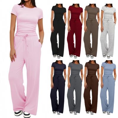 Ensemble Casual Manches Longues Couleur Unie Haut Taille Haute Pantalon Large Tenue de Sport