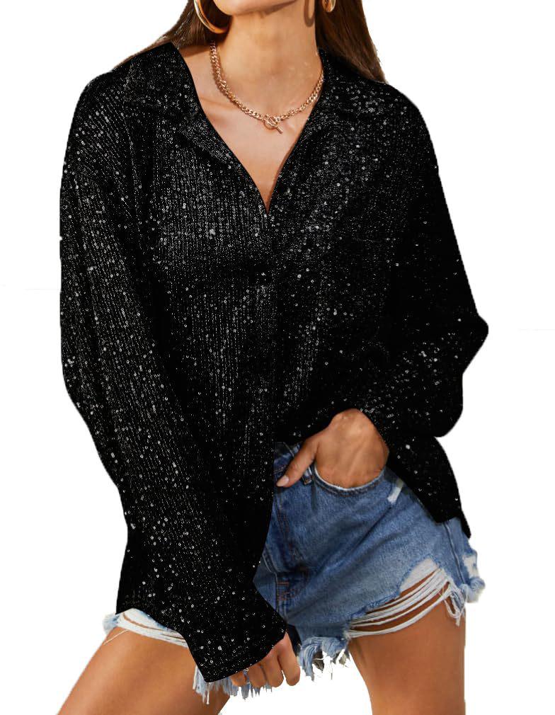 2025 Autumn European and American Women's Sequin Long-Sleeve Lapel Casual Shirt