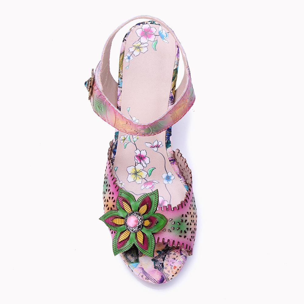 Johnature Genuine Leather Retro Baroque Style Hollow-out Carved Flower High-heeled Sandals