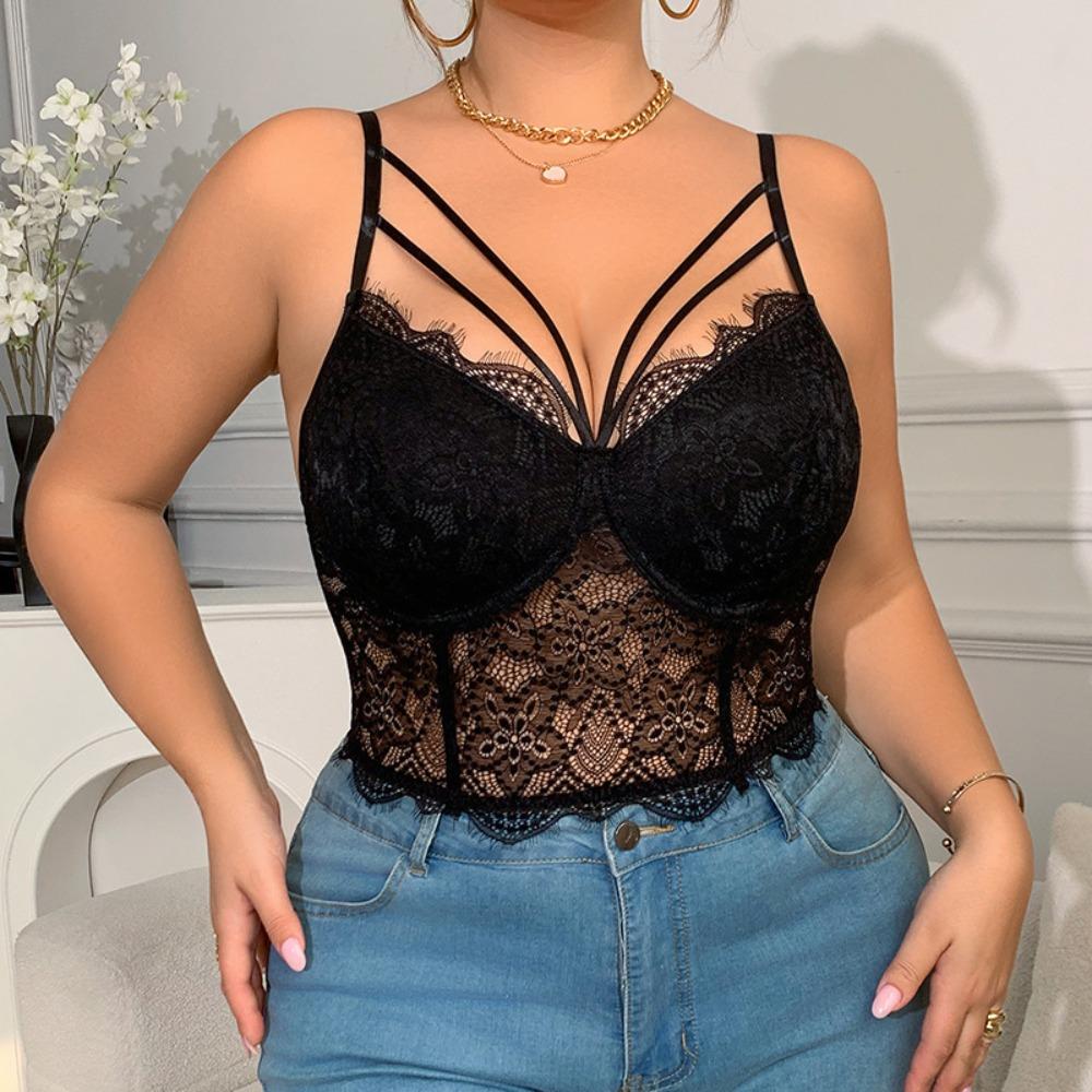 1XL-4XL Big Size Lace Corset Hollow Suspender Vest Elegant Simple Lace Crop Tops Spring Summer