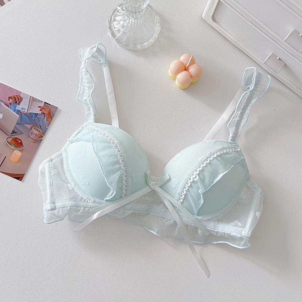 Japanese sweet pure desire bow girls underwear lace small breasts gathered anti-drop no steel ring bra