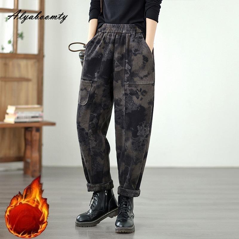 

Корейская мода Осень Зима Женские Джинсы с принтом Флисовые Теплые Джинсы с высокой талией Винтажные Повседневные Свободные Плотные Джинсовые Брюки Стильная Уличная одежда Женские Джинсы XXL