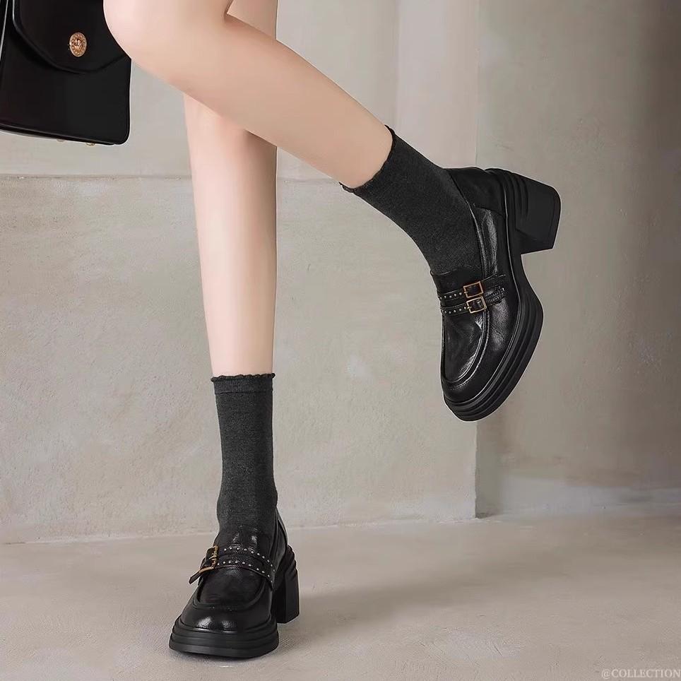 British style spring 2025 new loafers women's platform heightening small leather shoes rivet belt buckle sheepskin single shoes