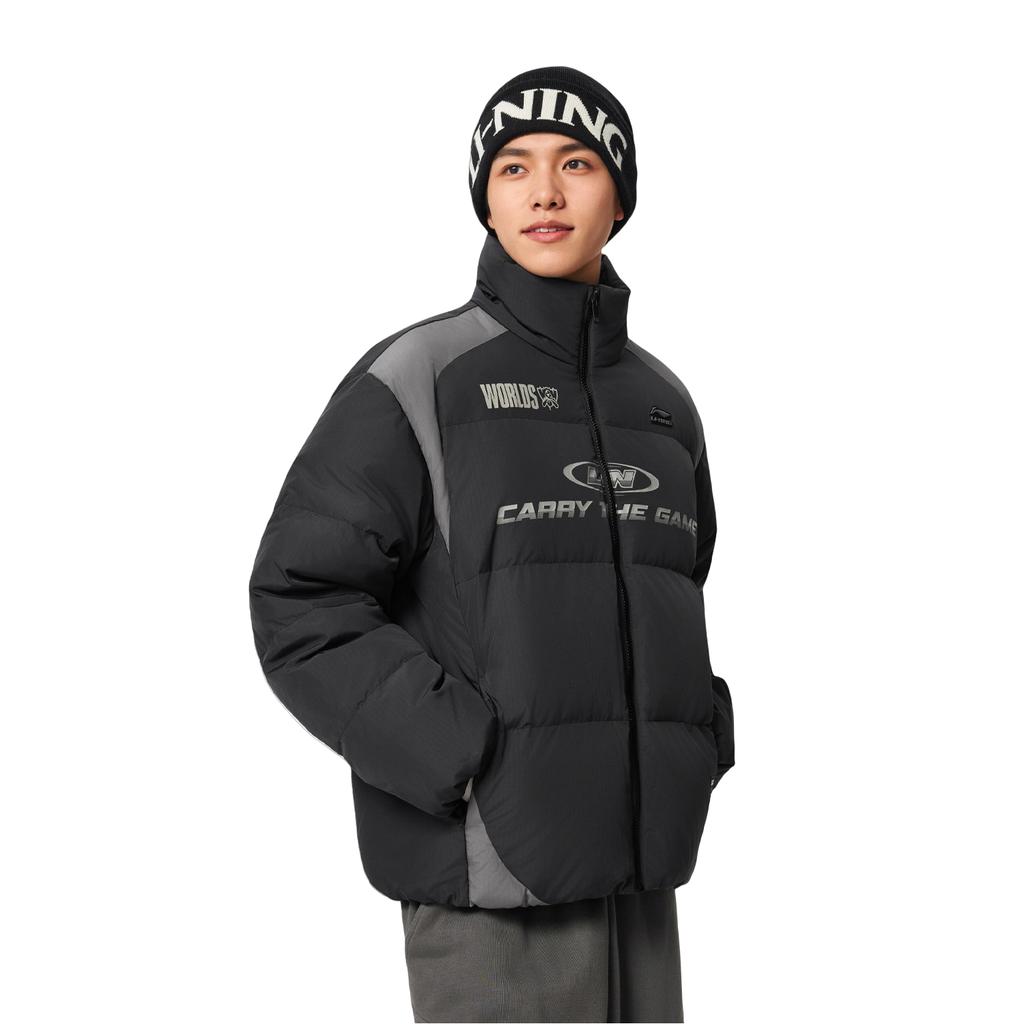 Li Ning Sports Lifestyle Series Warm 3D Loose Stand Collar Letter Printed Down Jacket Men Jacket AYMV257-3