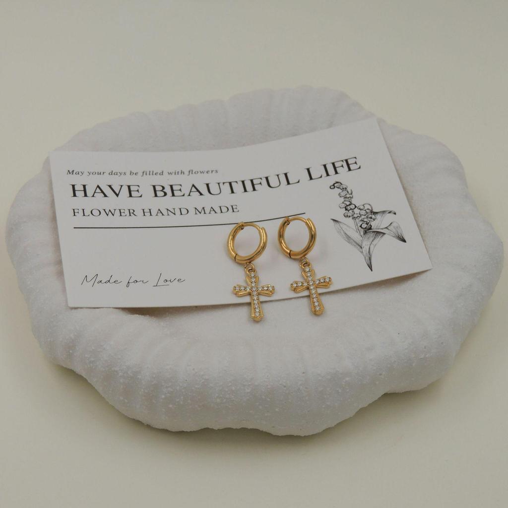 Gold Micro-Set Gemstone Cross Earrings: Women's European & American Style, Light Luxury, Retro Fashion.