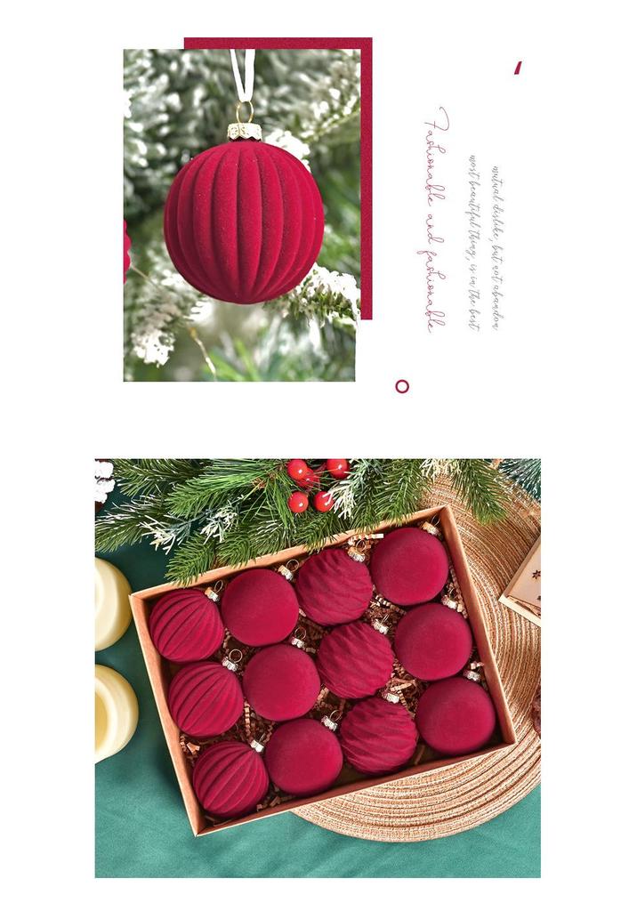 Elegant Wine Red & Dark Green Pumpkin Pattern Christmas Tree Flocking Ball Set