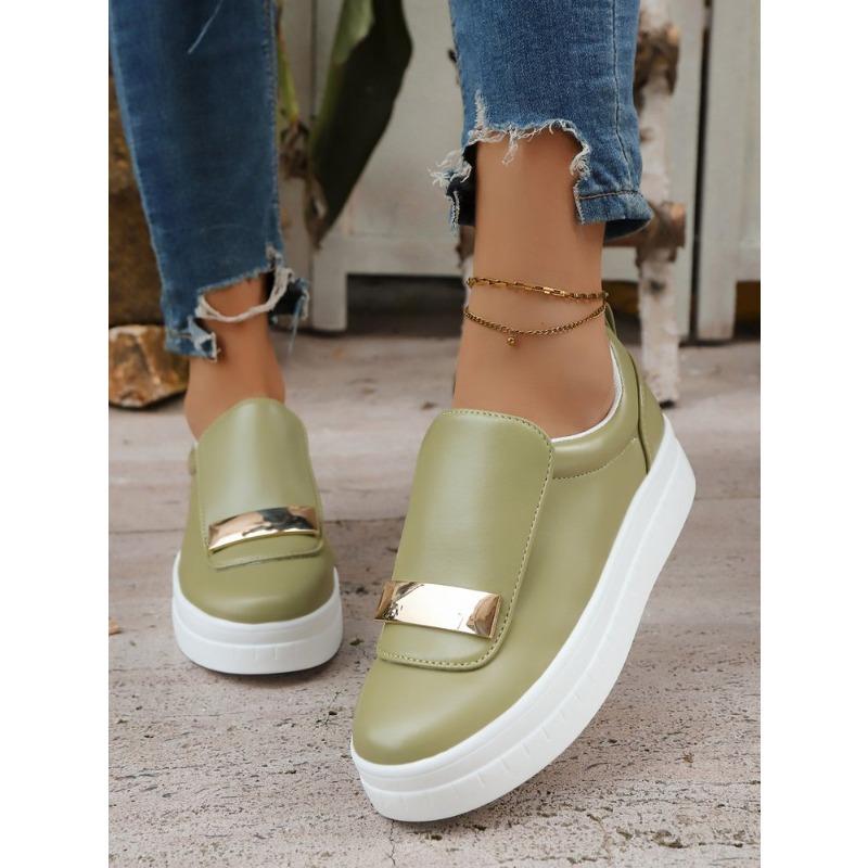 New Autumn European American Style Women's Thick Soled Solid Color Metal Flat Casual Shoes
