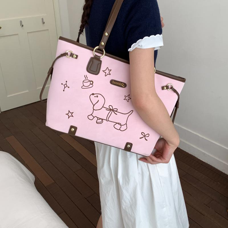 Cute Dachshund Embroidery Tote Bag Large Capacity Zipper Shoulder Bag Kawaii Pink Cartoon Pattern Women School Commute Handbag