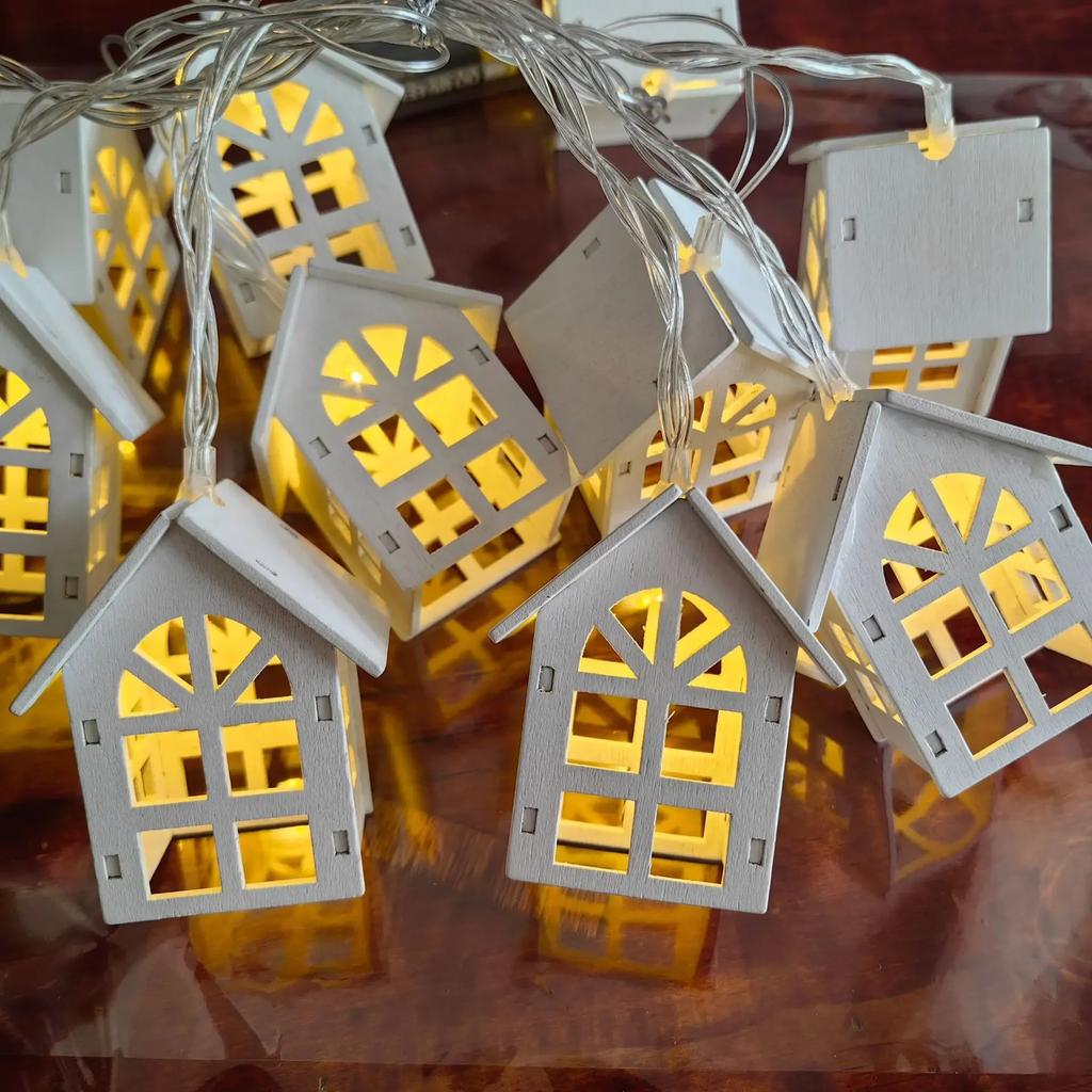 Christmas Wooden House LED String Light Xmas Tree Garland Home Fairy Lamp Merry Christmas Hanging Ornament Gifts