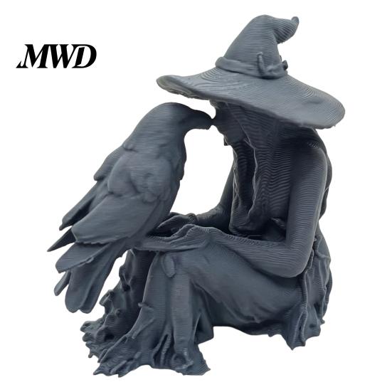 Unique Halloween Gift 3D Printed Witch Statue, Gothic And Raven Sculpture, Retro Style Room Decor Mystical Figurine for Home Desktop Shelf Mantel