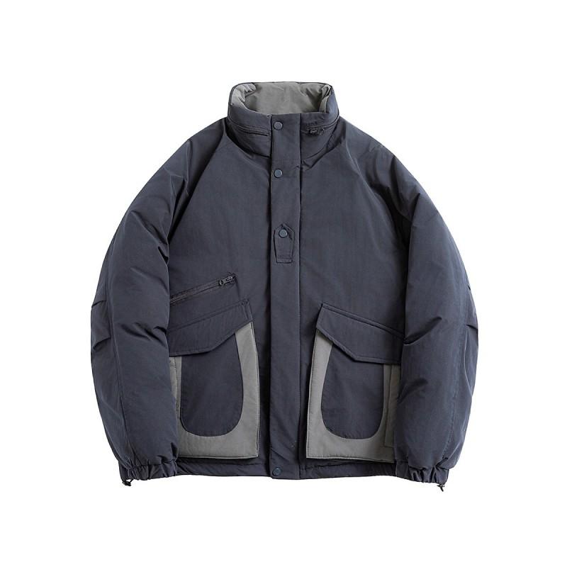 Men Color Block Pocket Cargo Winter Cotton Coat Stand Collar Outdoor Hiking Thick Warm Jacket