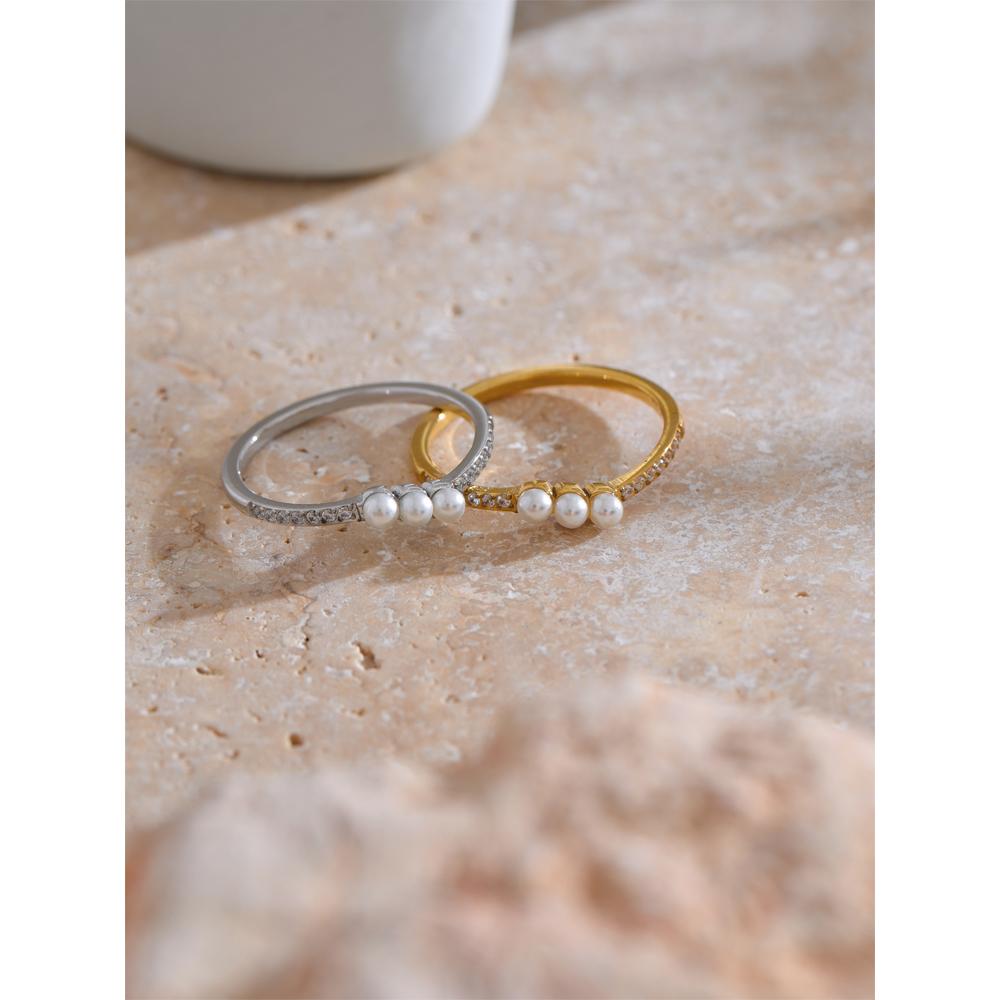 Yhpup 6789# Fashion Delicate Zircon Pearls Thin Exquisite Fairy Finger Charm Ring Stainless Steel High Quality Korean Jewelry