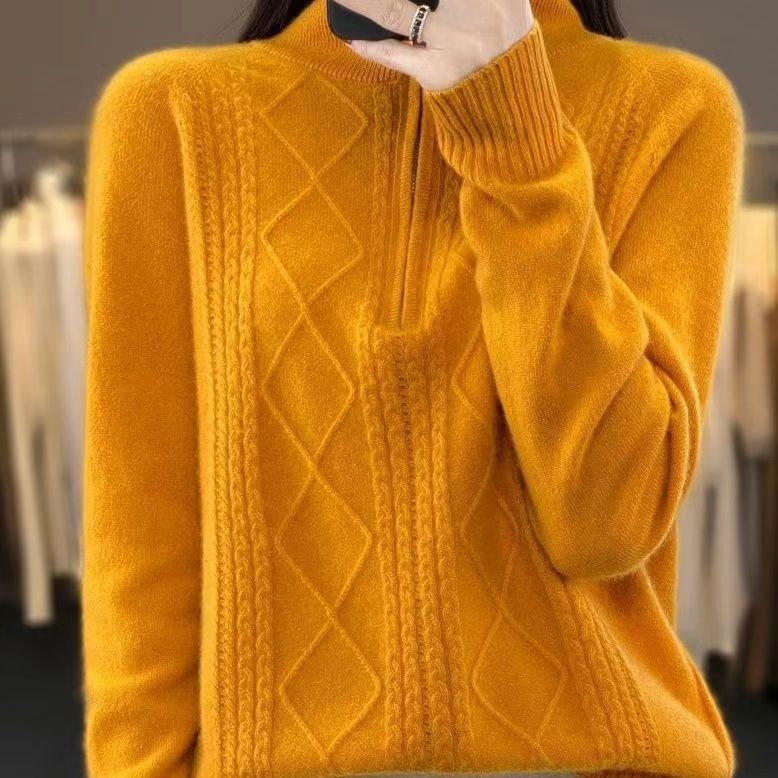 Autumn Winter Women's Stand Collar Sweater Solid Color Pullover Sweater Knit Top