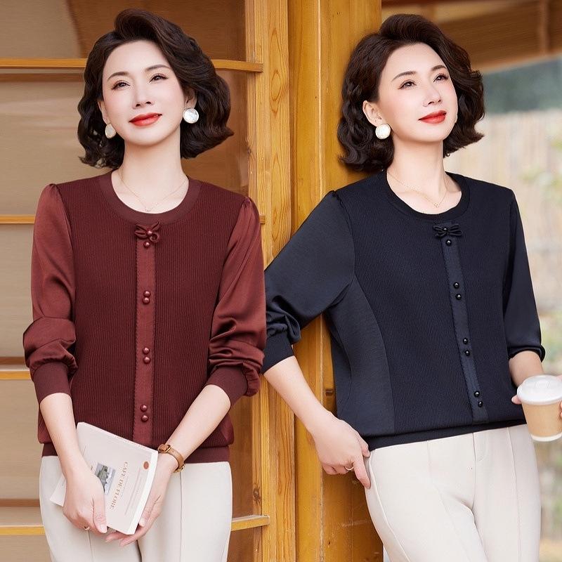 2026 Fashionable Long-Sleeve Knitted T-Shirt for Middle-Aged and Elderly Women