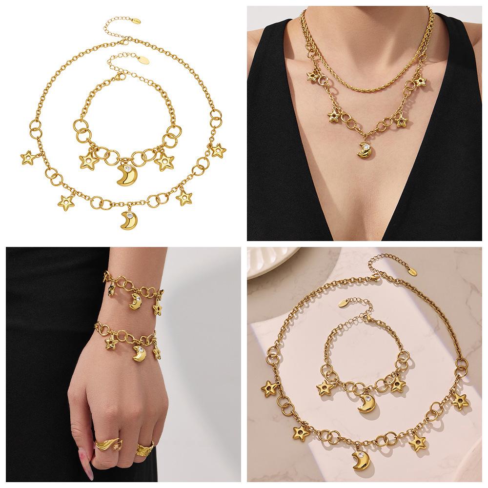 Exquisite Fairy Star & Moon Pendant Necklace Bracelet, Two-Color Electroplated Stainless Steel Clavicle Chain
