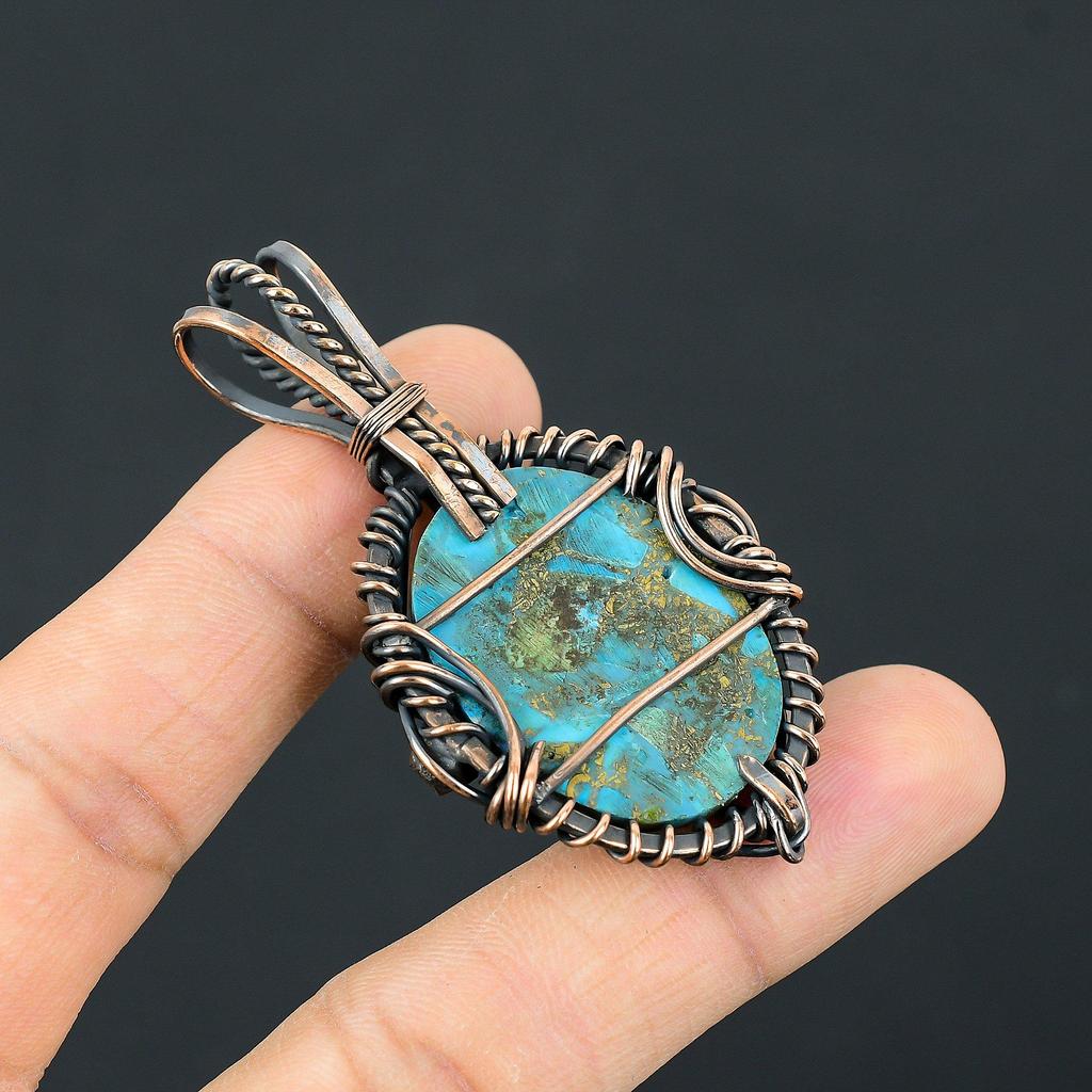 Copper Turquoise 999 Copper Wire Wrapped Pendant, Handmade Gemstone Pendant Jewelry, Gifts For Wife Brand New Pendant