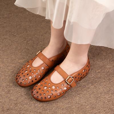 Genuine Leather Round Toe Hollowed Out Flat Sandals Solid Color Buckle Retro Women's Shoes