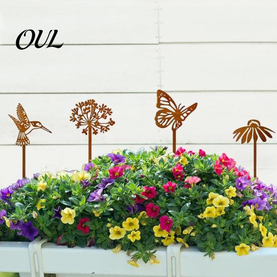 Flower Pot Inserts Rusty Silhouette Garden Stake, Rustic Insert for Patio, Vintage Iron Art Bird Bee Butterfly And Ladybug Design Metal Outdoor