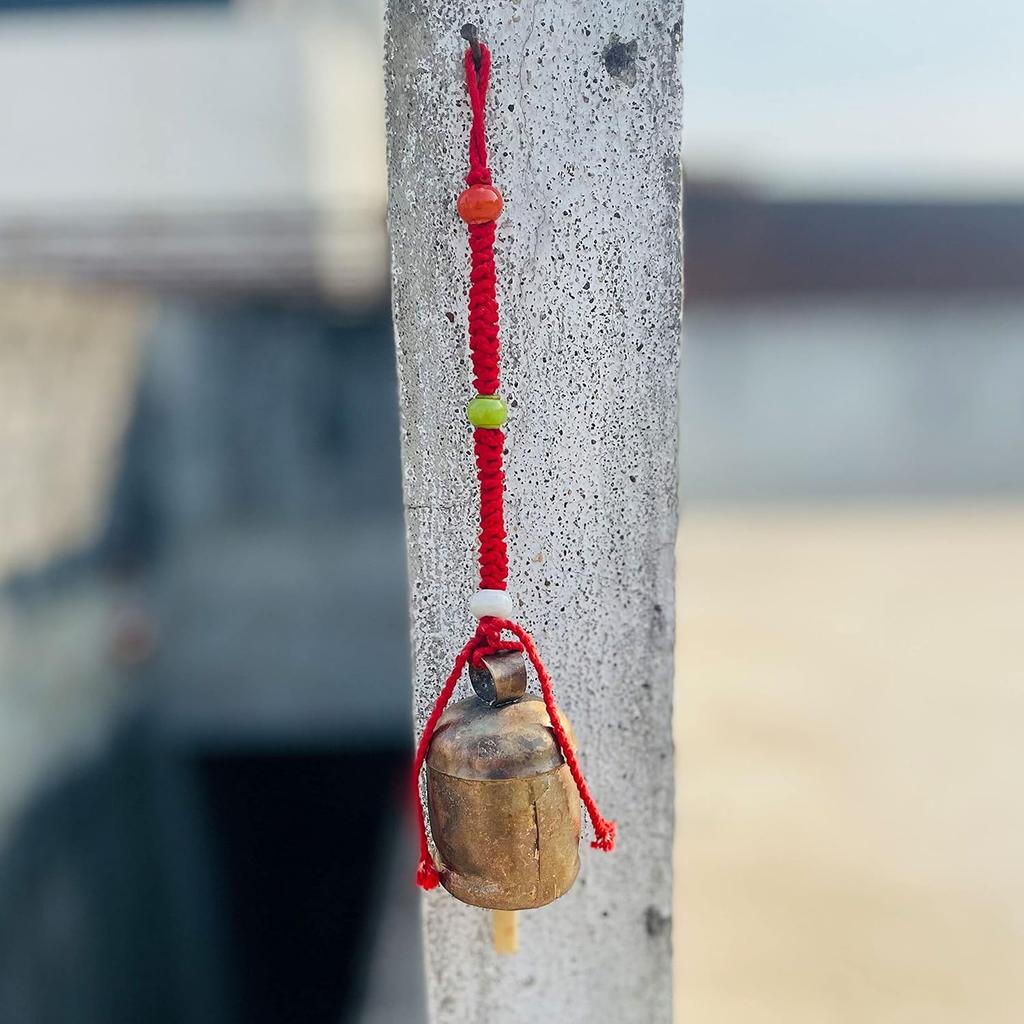Handmade Small Metal Cow Bell – Rustic Gold Hanging Wind Chime with Red Rope for Home Decor, Meditation, Christmas Ornament, Boho Farmhouse Charm