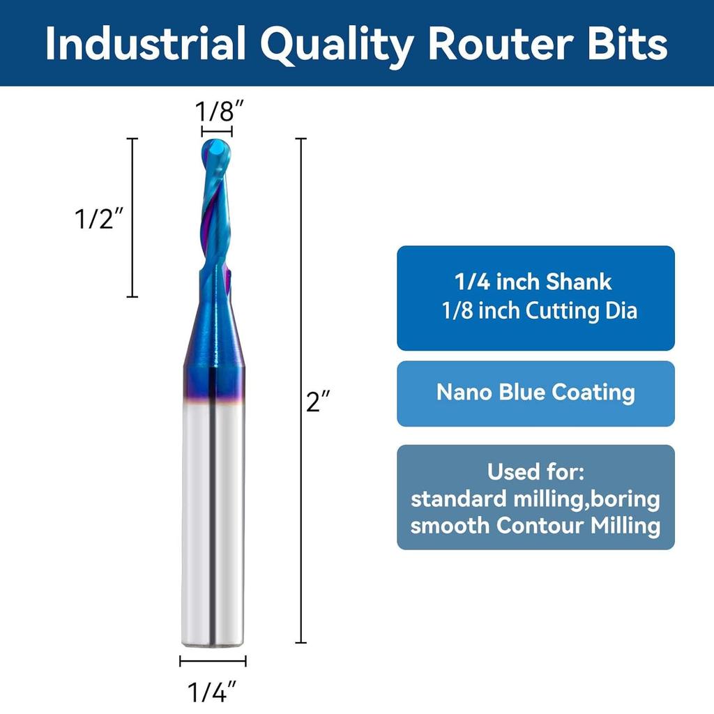 2 PCS CNC Router Bits 1/4inch Shank 1/8inch Cutting Dia Carbide Ball Nose End Mill with Nano Blue Coating for Side Milling End Milling, Finish