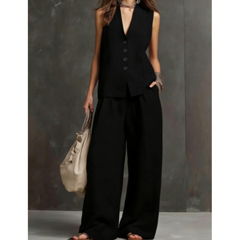 2026 Womens Linen Blend Sleeveless Vest Wide Leg Pants Set Casual Outfit In Solid Colors