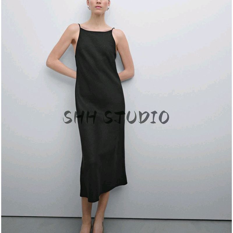 MD Spring/Summer New Arrival Elegant Elegance Minimalist Linen Mid-Length Sling Dress Black Dress 6631586